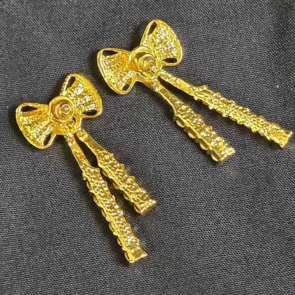 Gold Tone Rhinestone Bow Drop Earrings Sparkling Crystal Dangle Statement Glam - Picture 4 of 7